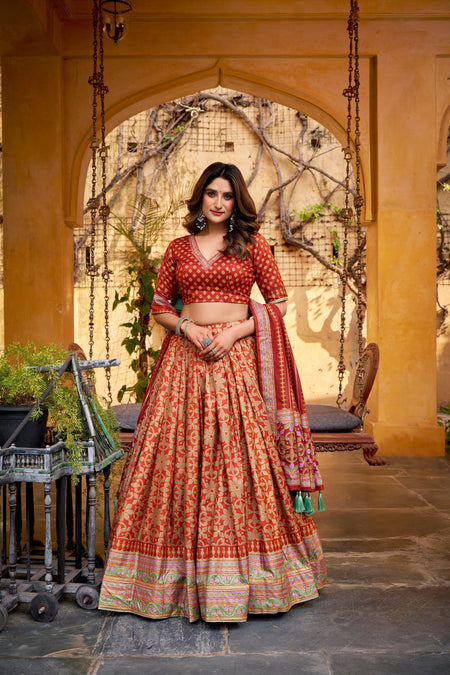 Lorenvalley Fashion Orange Tussar Silk Iconic Sparkle With Lace Border Lehenga Choli with Dupatta