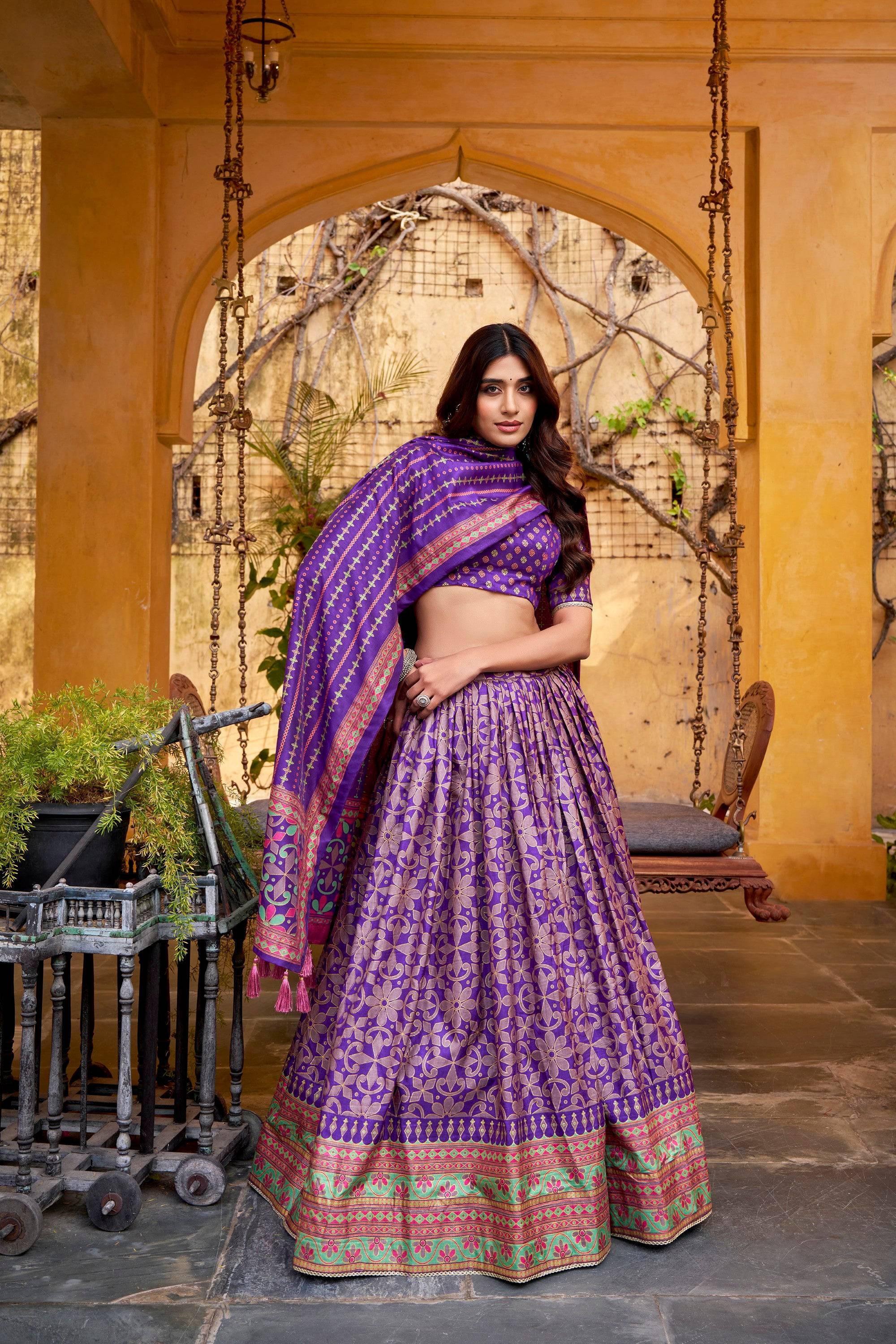 Lorenvalley Fashion Purple Tasar Silk Iconic Sparkle with Lace Border Lehenga Choli with Dupatta - Distacart