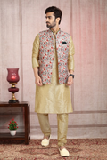 Raivat Ethnic Art Banarasi Silk Printed Work 3 Pics Jacket Set In Pista Green Colour