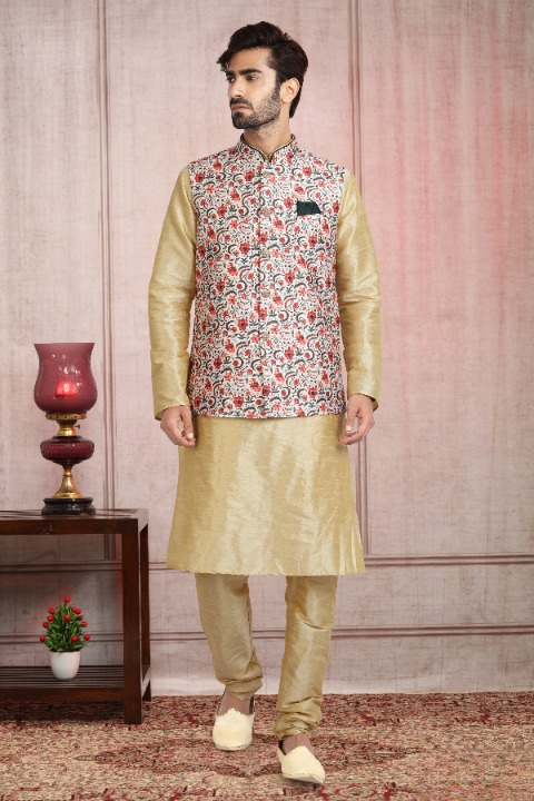 Raivat Ethnic Art Banarasi Silk Printed Work 3 Pics Jacket Set In Pista Green Colour