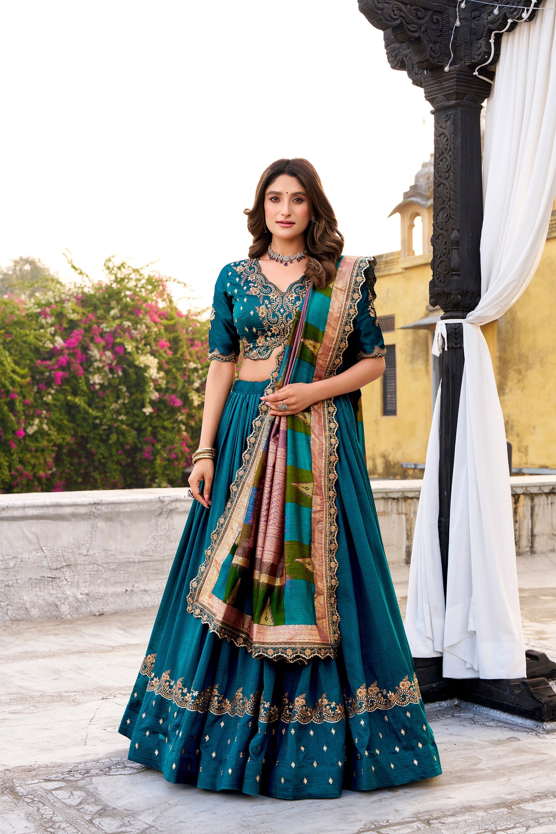 Lorenvalley Fashion Firozi Vichitra Silk Sequins and Thread Embroidery Work Lehenga Choli with Dupatta - Distacart