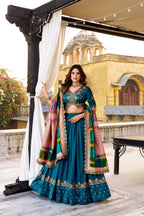 Lorenvalley Fashion Firozi Vichitra Silk Sequins and Thread Embroidery Work Lehenga Choli with Dupatta - Distacart