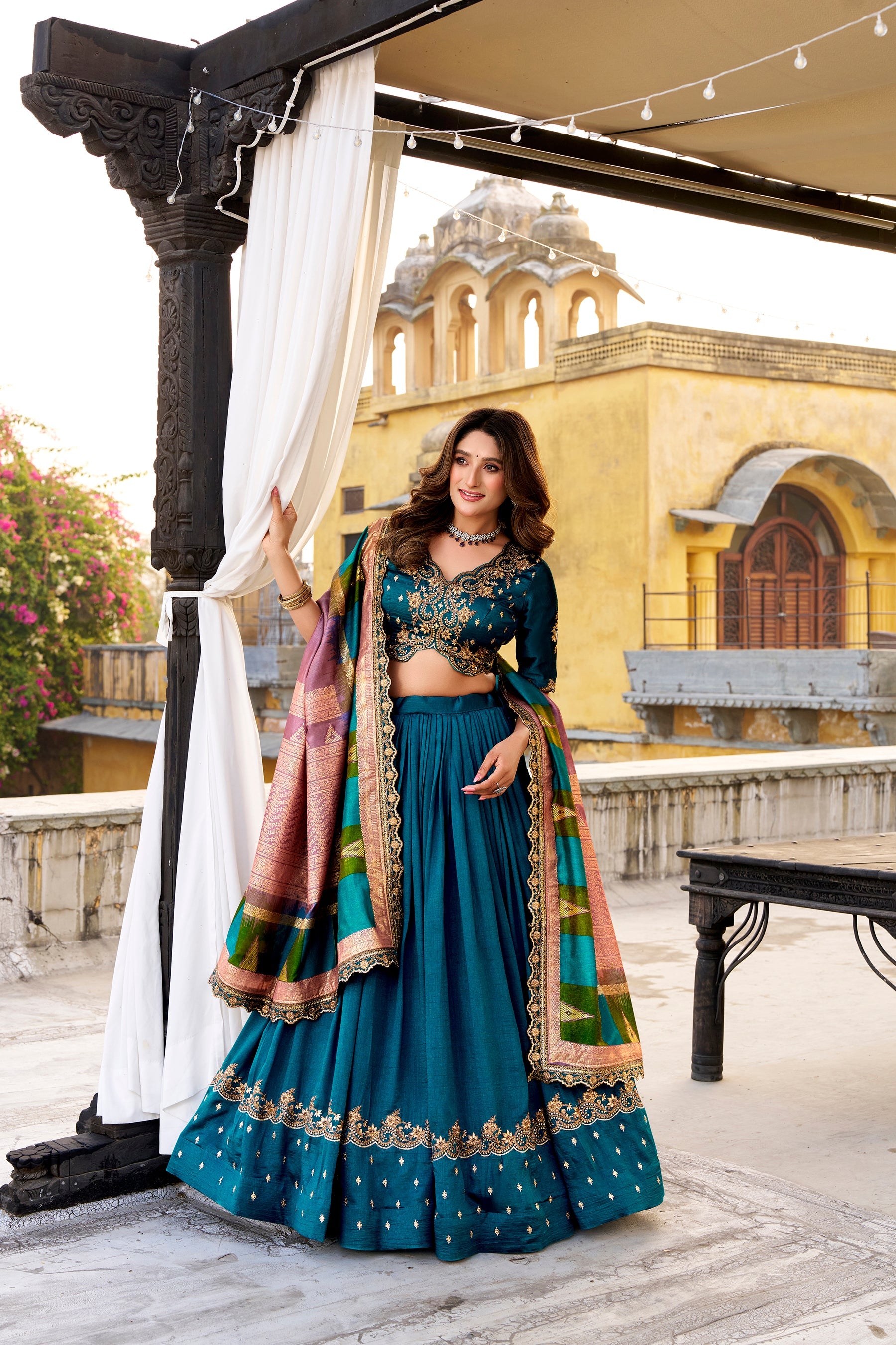Lorenvalley Fashion Firozi Vichitra Silk Sequins and Thread Embroidery Work Lehenga Choli with Dupatta - Distacart