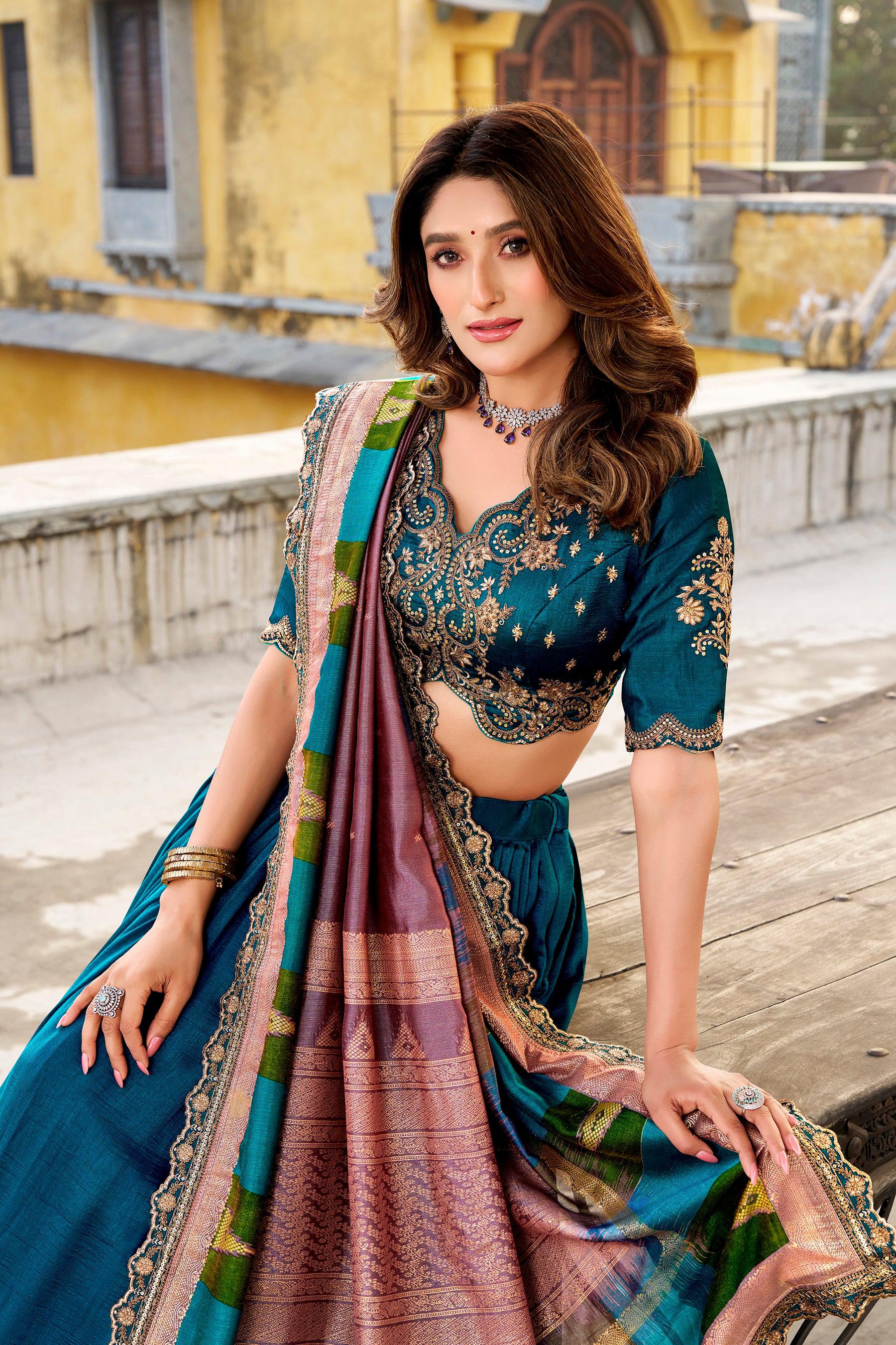 Lorenvalley Fashion Firozi Vichitra Silk Sequins and Thread Embroidery Work Lehenga Choli with Dupatta - Distacart