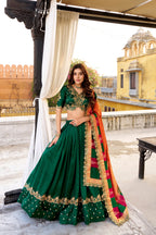 Lorenvalley Fashion Green Vichitra Silk Sequins and Thread Embroidery Work Lehenga Choli with Dupatta - Distacart