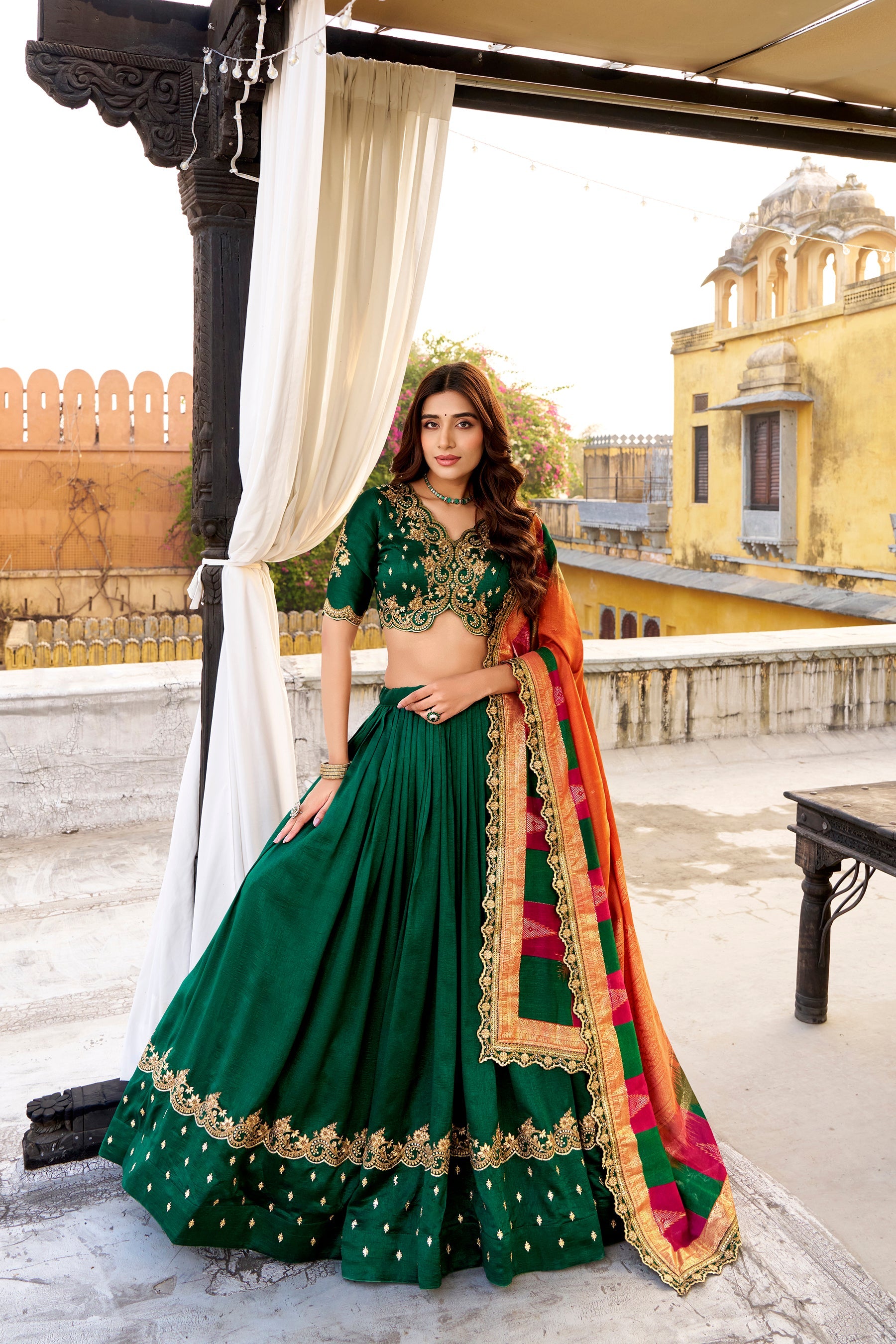 Lorenvalley Fashion Green Vichitra Silk Sequins and Thread Embroidery Work Lehenga Choli with Dupatta - Distacart