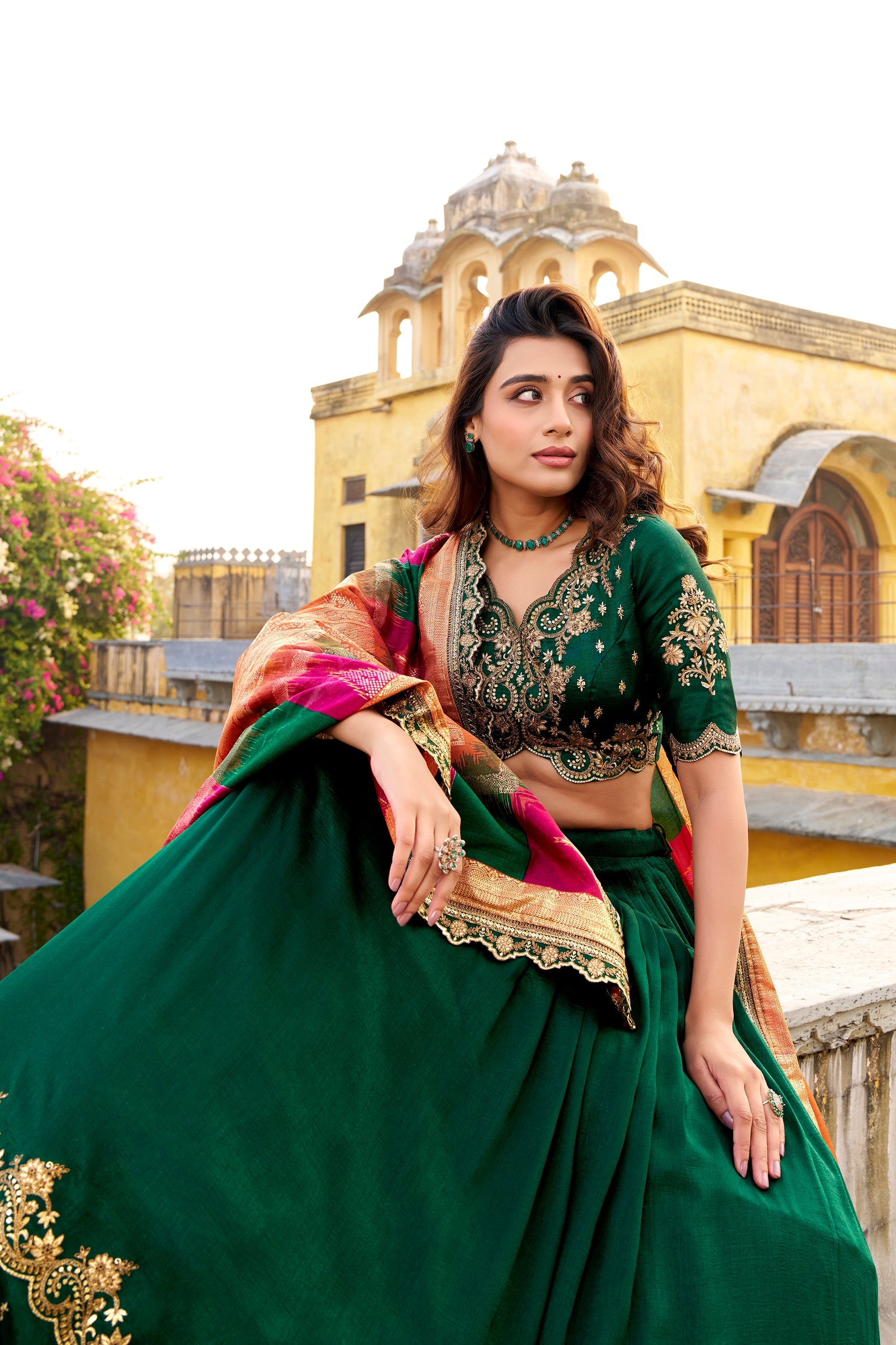 Lorenvalley Fashion Green Vichitra Silk Sequins and Thread Embroidery Work Lehenga Choli with Dupatta - Distacart
