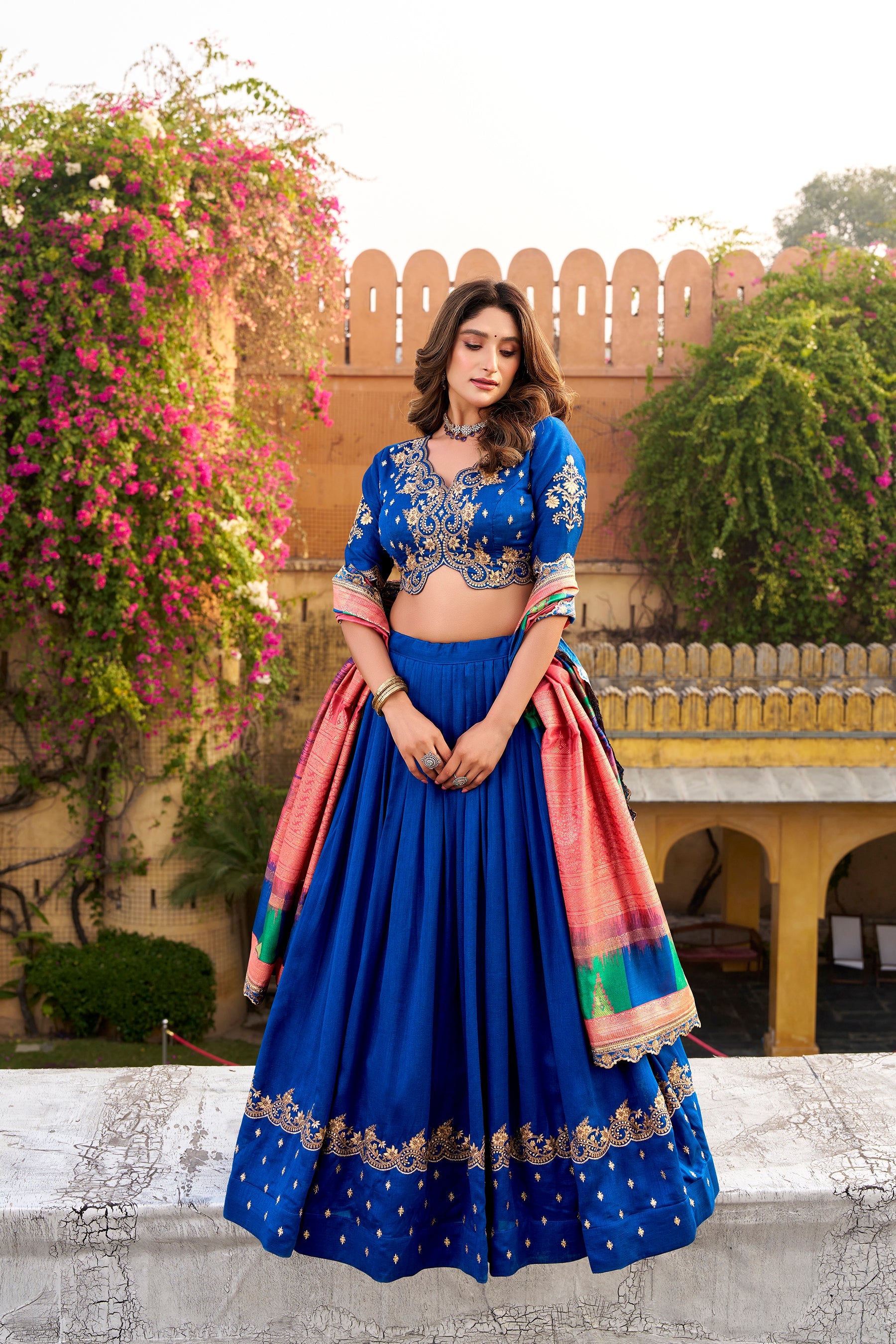 Lorenvalley Fashion Royal Blue Vichitra Silk Sequins and Thread Embroidery Work Lehenga Choli with Dupatta - Distacart