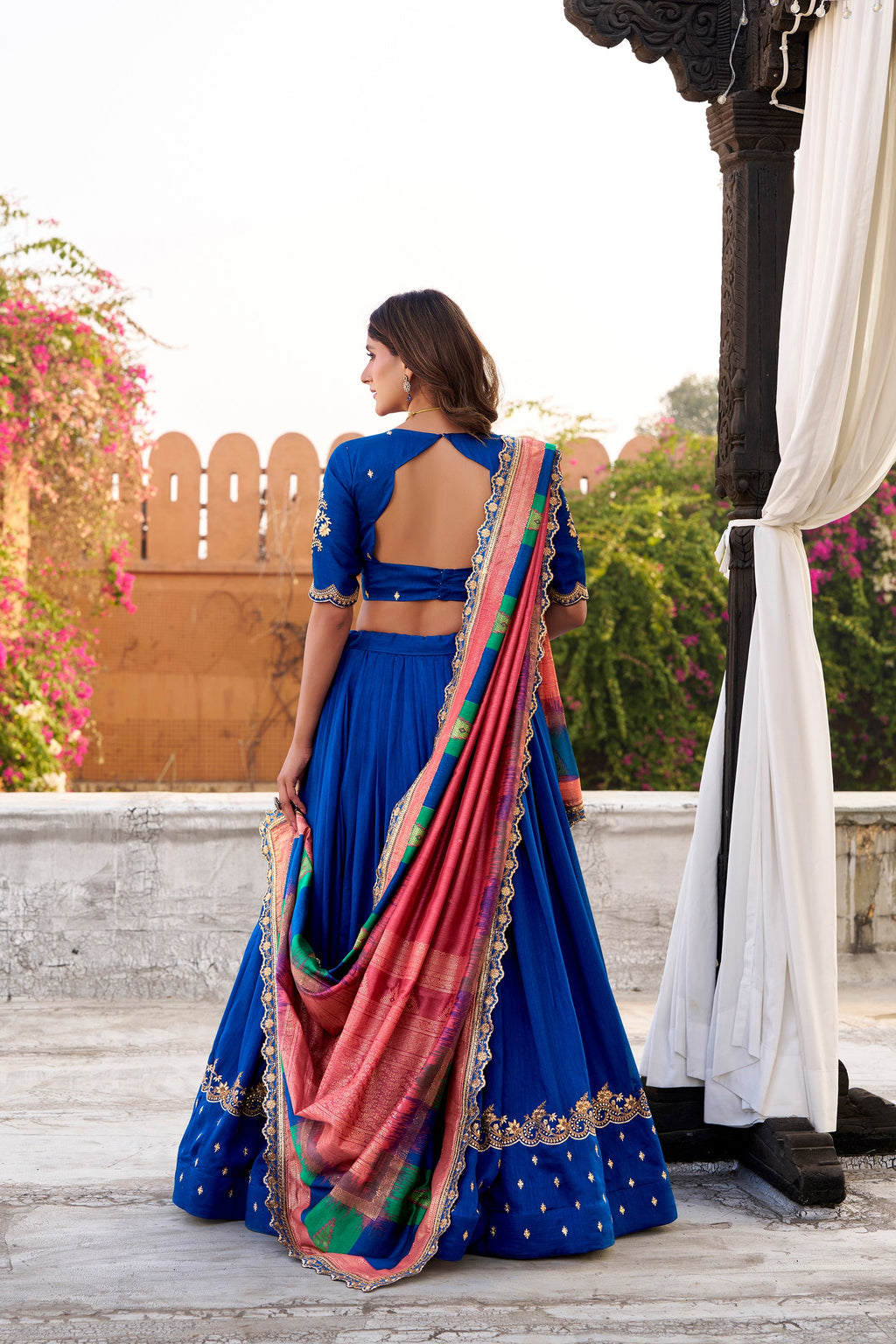 Lorenvalley Fashion Royal Blue Vichitra Silk Sequins and Thread Embroidery Work Lehenga Choli with Dupatta - Distacart