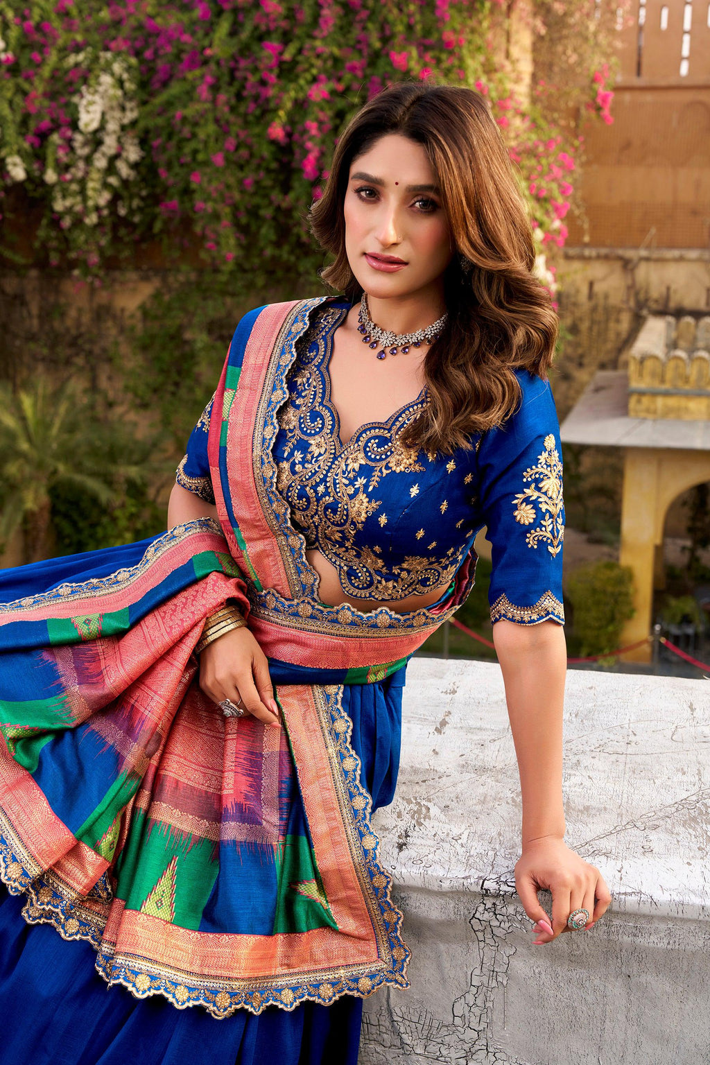 Lorenvalley Fashion Royal Blue Vichitra Silk Sequins and Thread Embroidery Work Lehenga Choli with Dupatta - Distacart