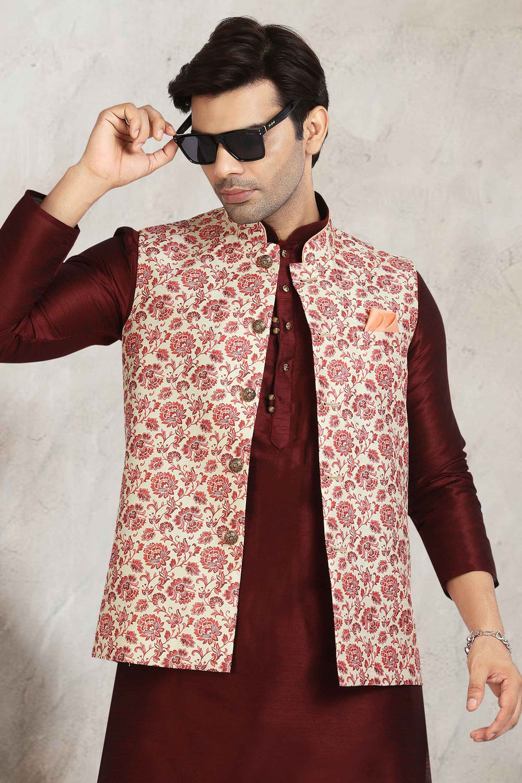 Raivat Ethnic Art Banarasi Silk Printed Work 3 Pics Jacket Set In Cream Colour