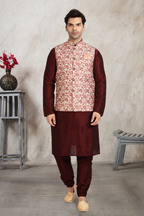 Raivat Ethnic Art Banarasi Silk Printed Work 3 Pics Jacket Set In Cream Colour