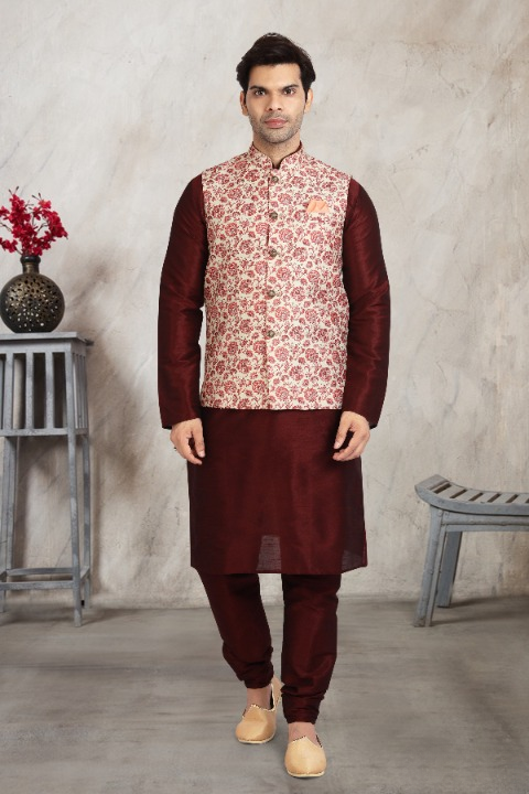 Raivat Ethnic Art Banarasi Silk Printed Work 3 Pics Jacket Set In Cream Colour