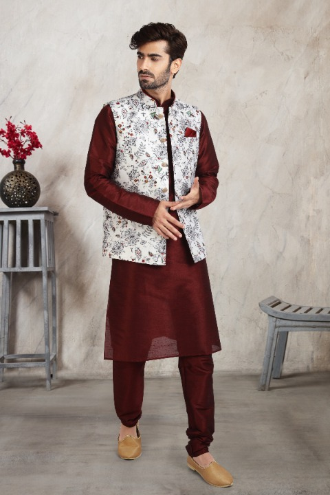 Raivat Ethnic Art Banarasi Silk Printed Work 3 Pics Jacket Set In Off White Colour
