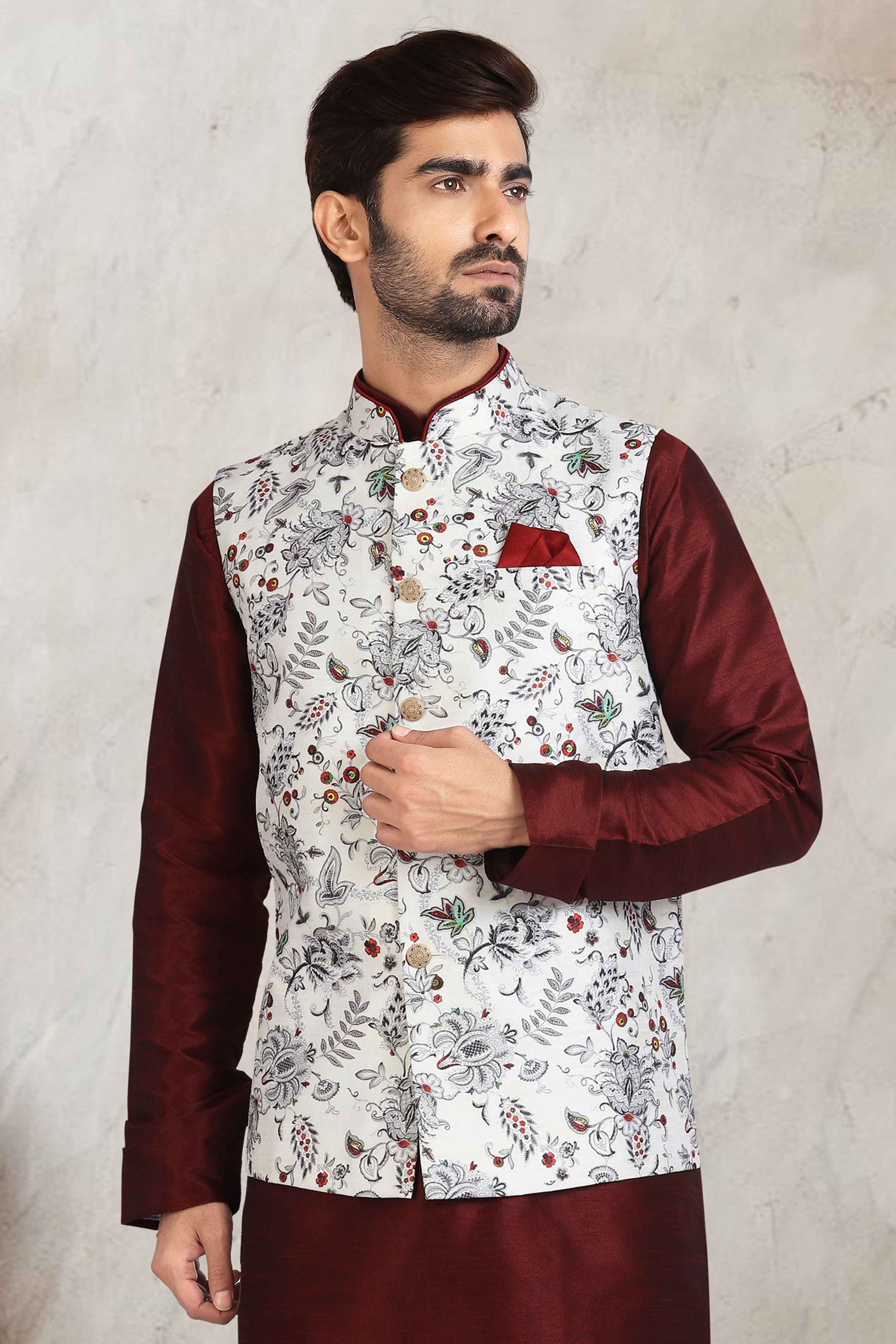 Raivat Ethnic Art Banarasi Silk Printed Work 3 Pics Jacket Set In Off White Colour