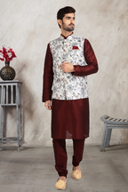 Raivat Ethnic Art Banarasi Silk Printed Work 3 Pics Jacket Set In Off White Colour