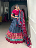 Lorenvalley Blue Tussar Silk Patola With Foil Print Lehenga Choli