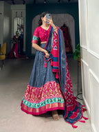 Lorenvalley Blue Tussar Silk Patola With Foil Print Lehenga Choli