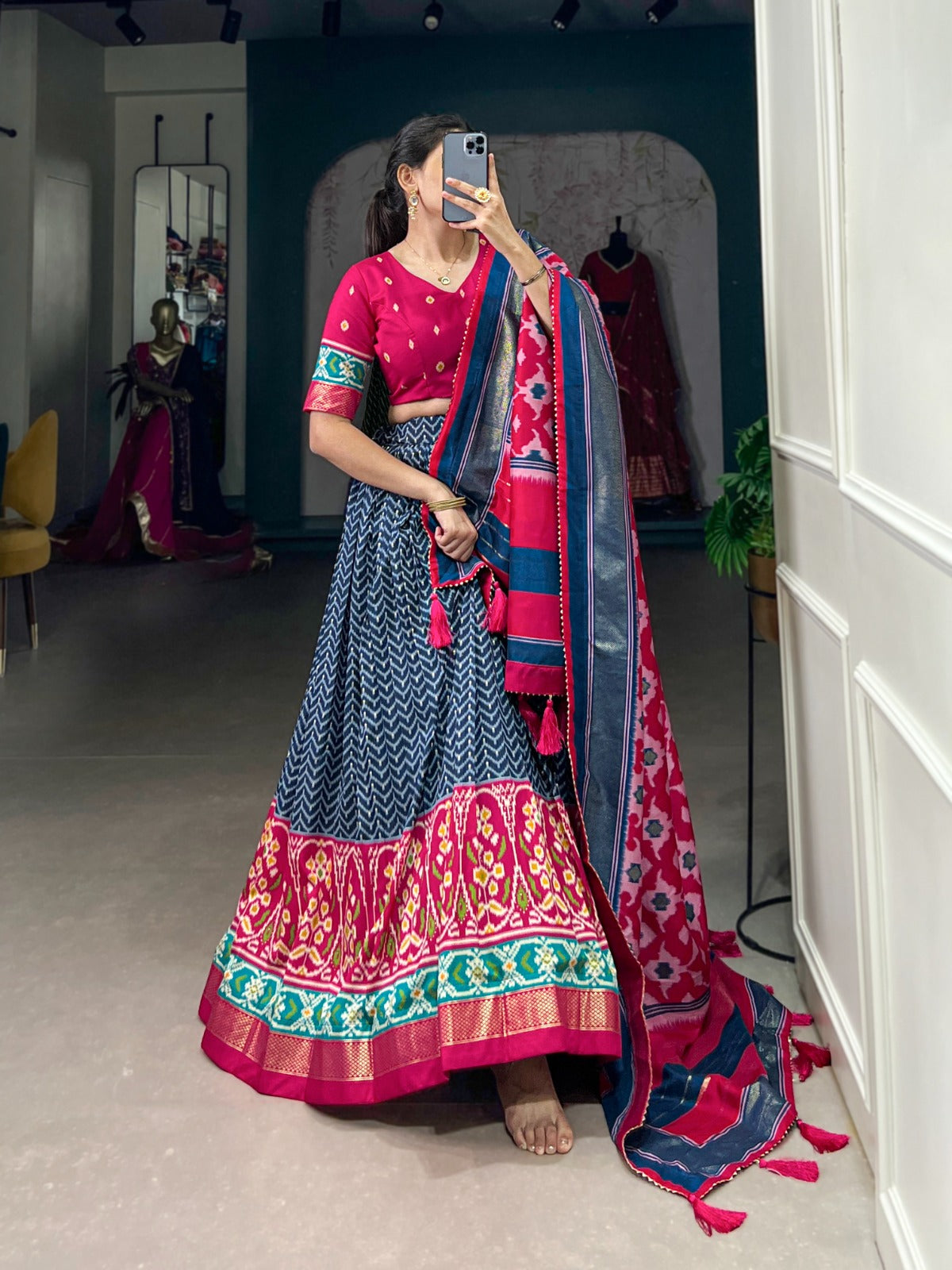 Lorenvalley Blue Tussar Silk Patola With Foil Print Lehenga Choli