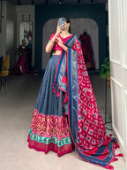 Lorenvalley Blue Tussar Silk Patola With Foil Print Lehenga Choli