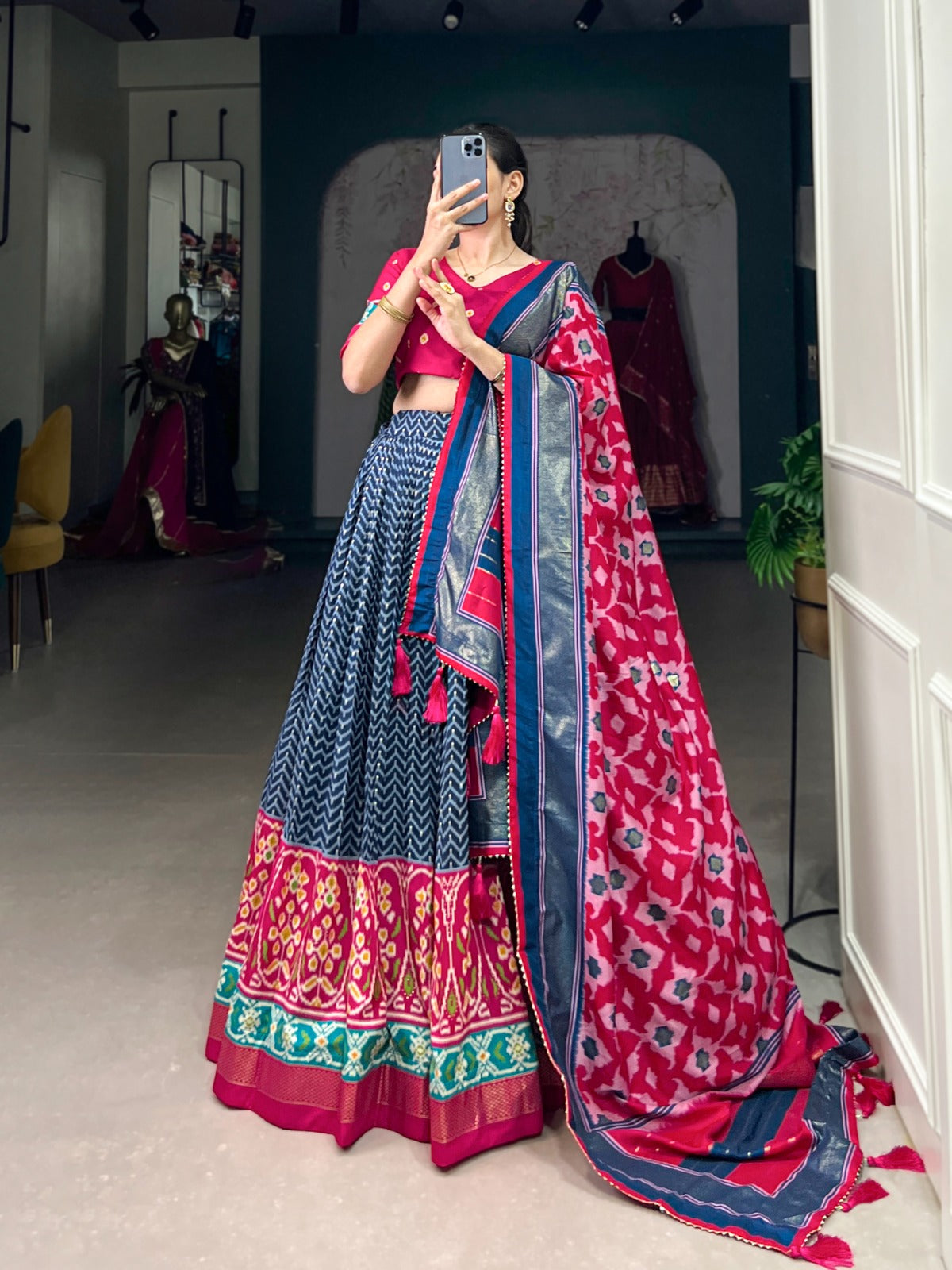 Lorenvalley Blue Tussar Silk Patola With Foil Print Lehenga Choli