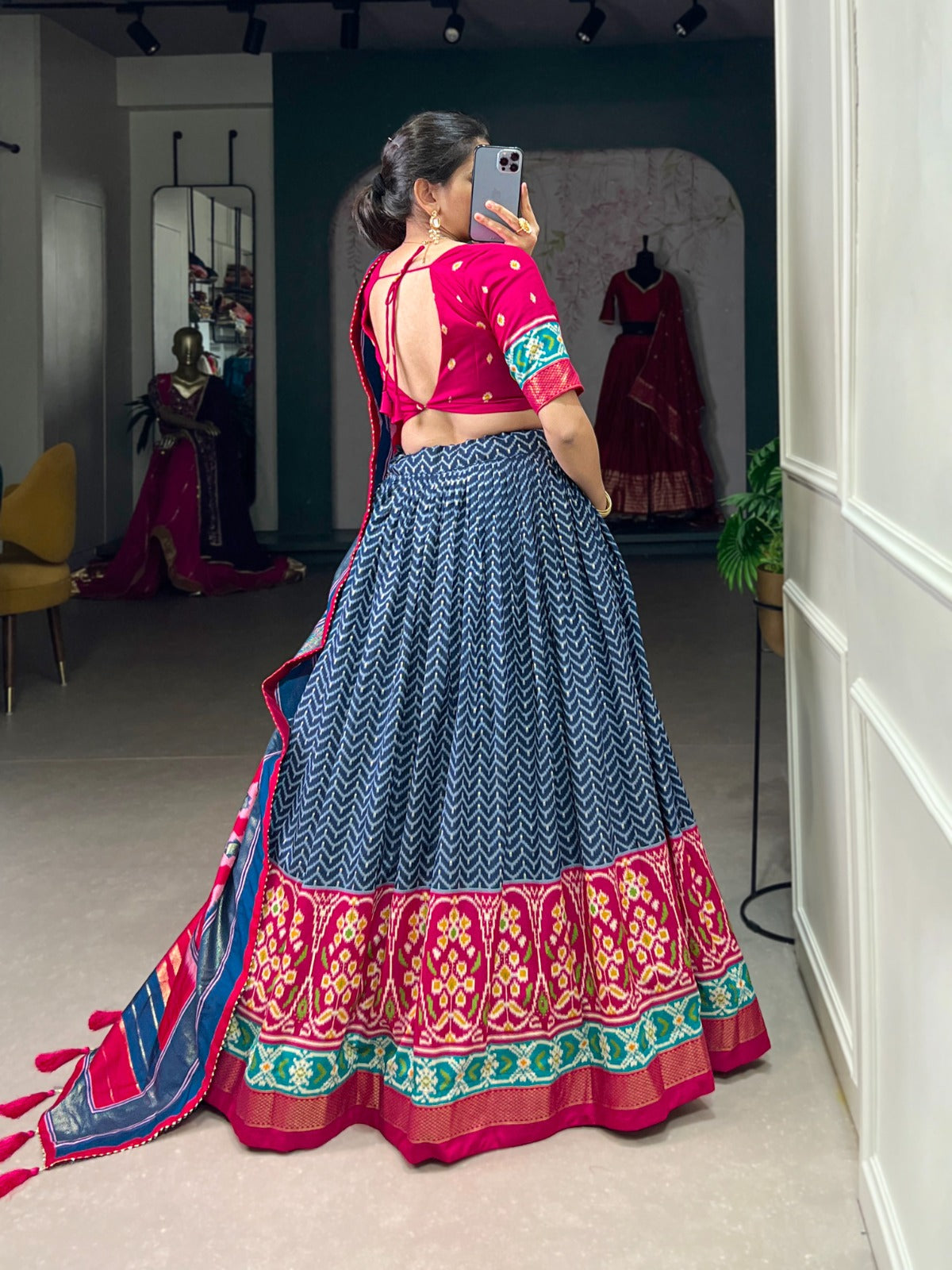 Lorenvalley Blue Tussar Silk Patola With Foil Print Lehenga Choli
