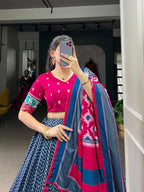Lorenvalley Blue Tussar Silk Patola With Foil Print Lehenga Choli
