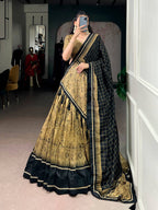 Lorenvalley Fashion Gold Tasar Silk Kalamkari Print With Lace Border Lehenga Choli with Dupatta - Distacart