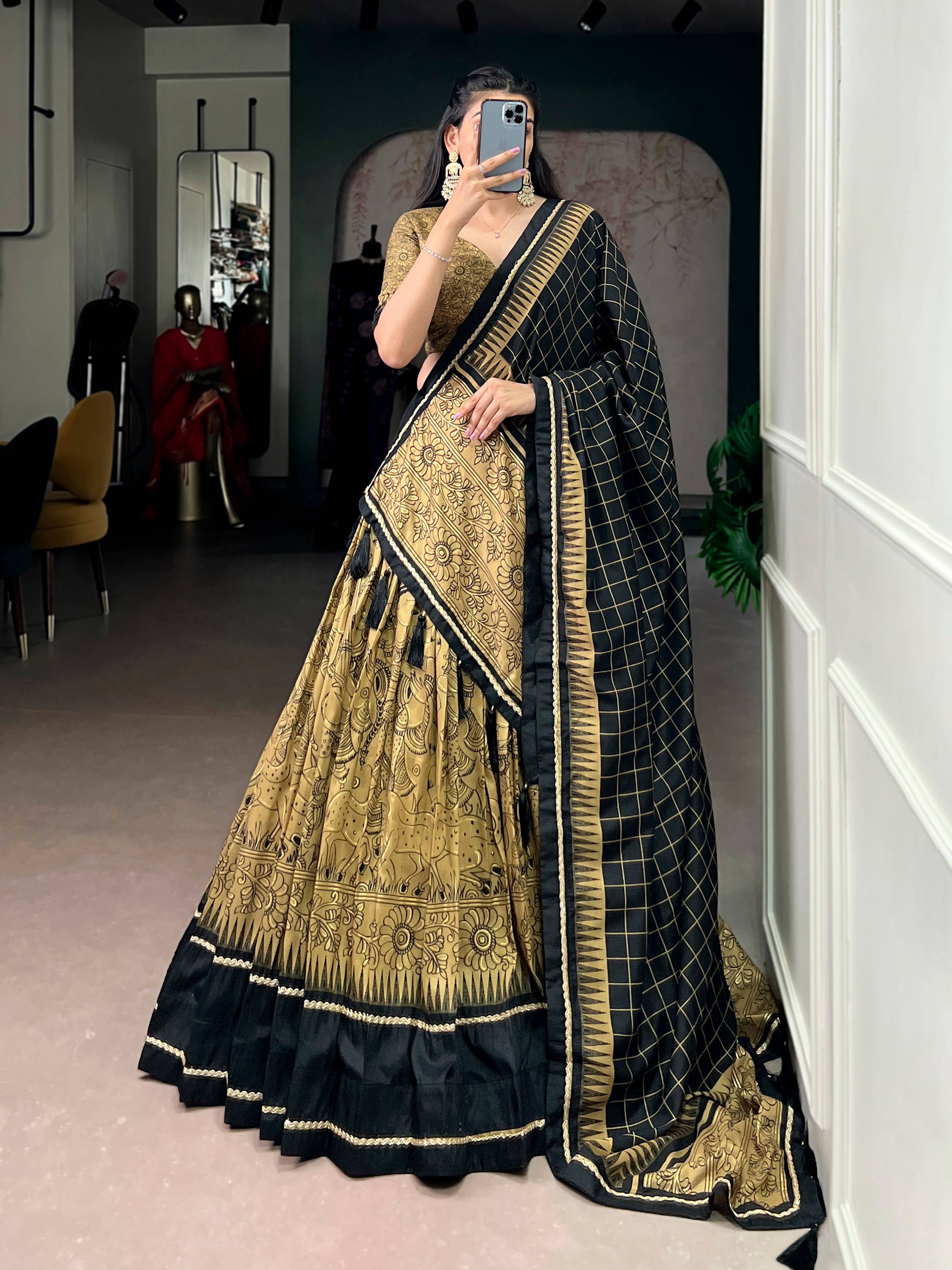 Lorenvalley Fashion Gold Tasar Silk Kalamkari Print With Lace Border Lehenga Choli with Dupatta - Distacart