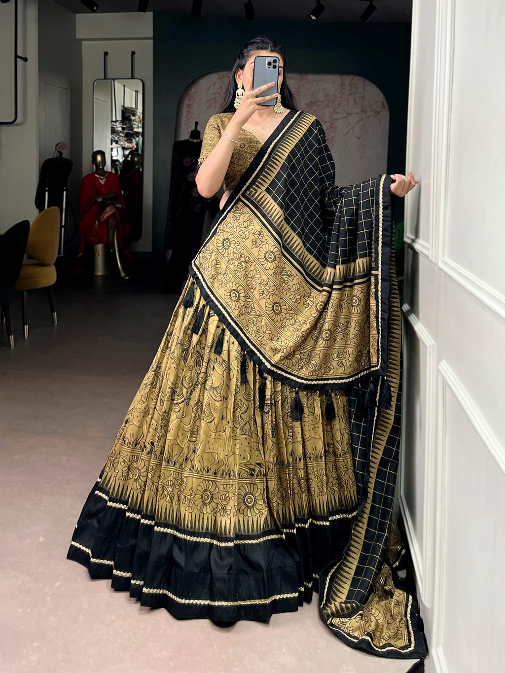 Lorenvalley Fashion Gold Tasar Silk Kalamkari Print With Lace Border Lehenga Choli with Dupatta - Distacart