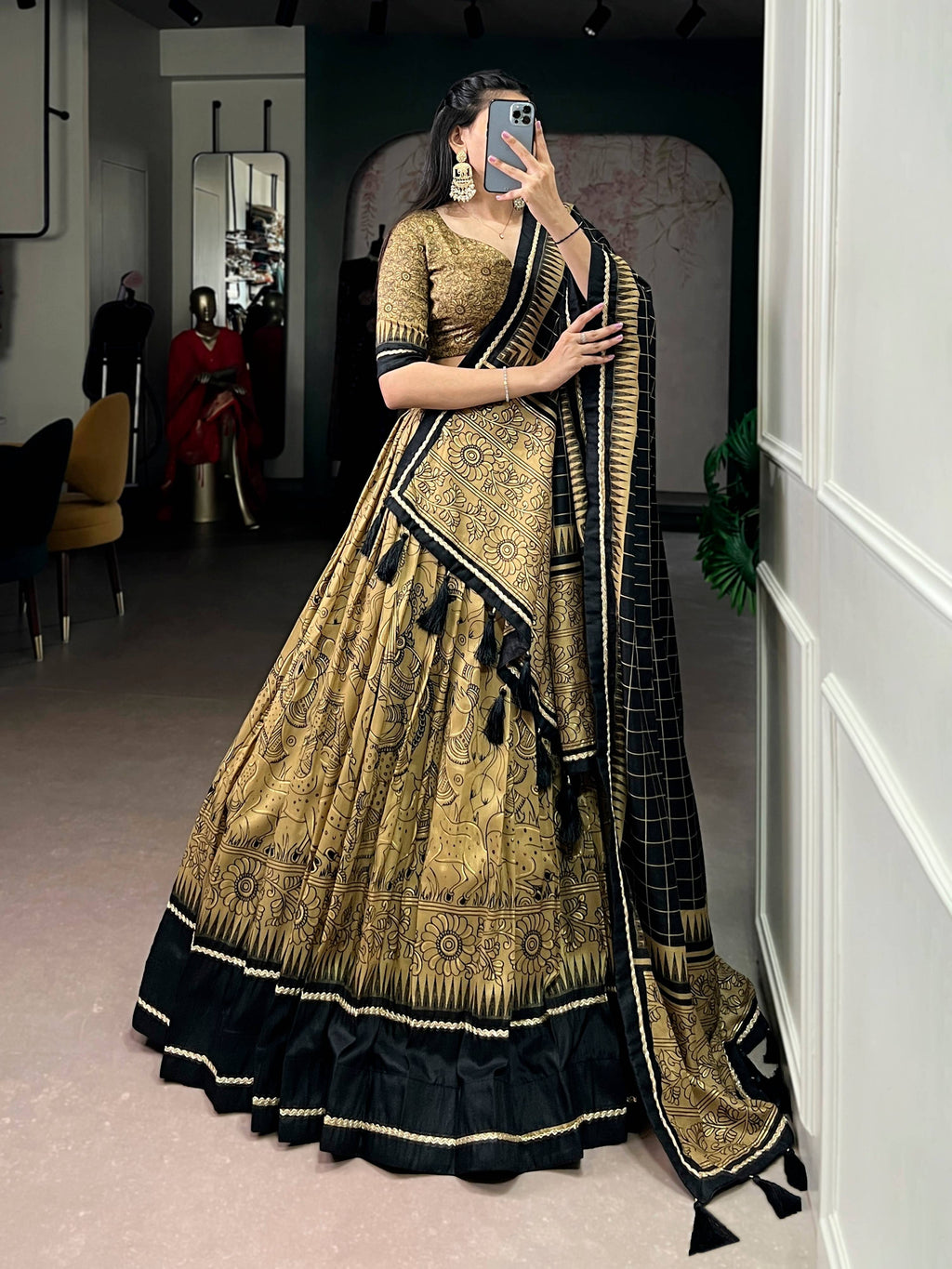 Lorenvalley Fashion Gold Tasar Silk Kalamkari Print With Lace Border Lehenga Choli with Dupatta - Distacart