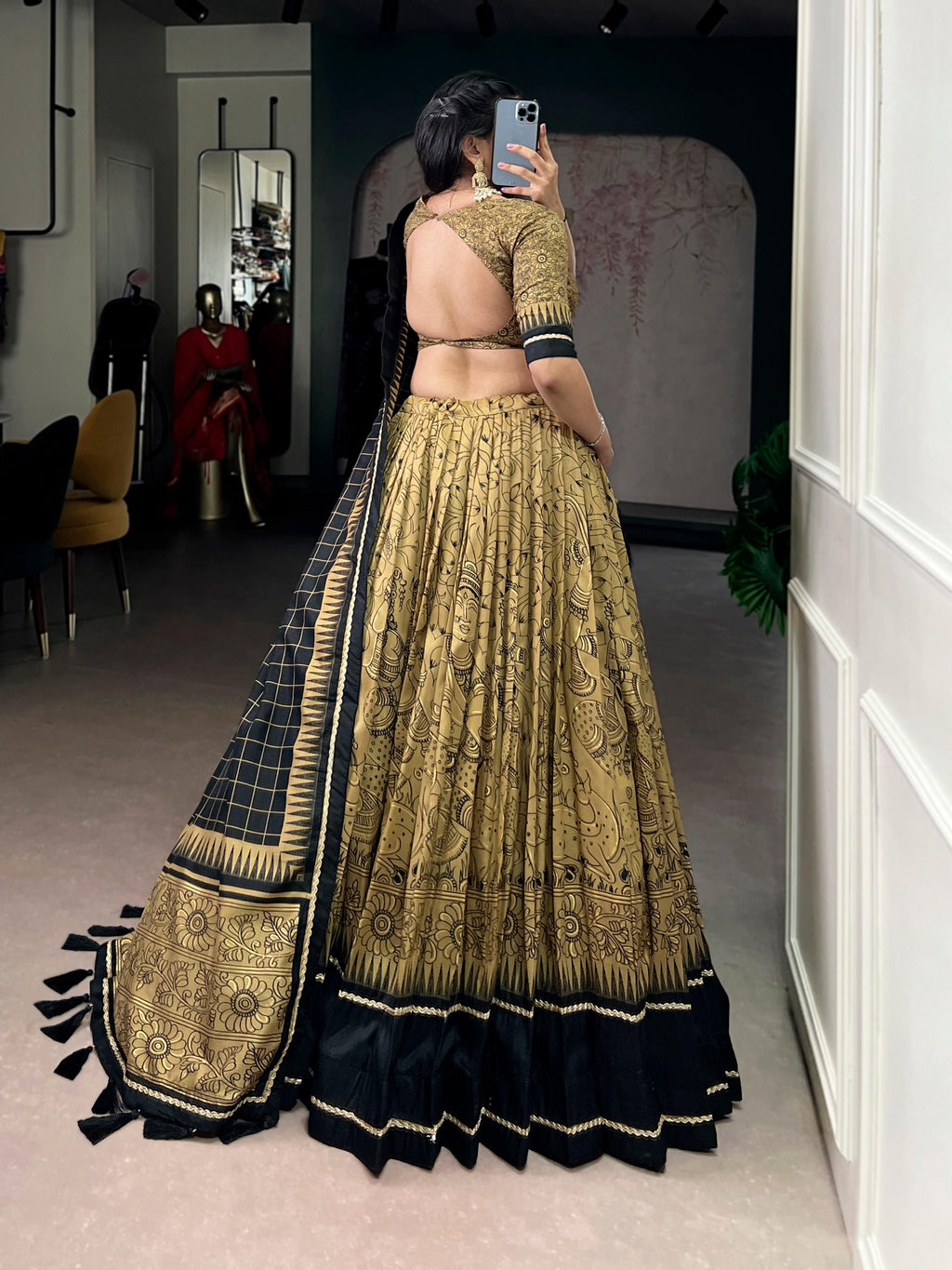 Lorenvalley Fashion Gold Tasar Silk Kalamkari Print With Lace Border Lehenga Choli with Dupatta - Distacart