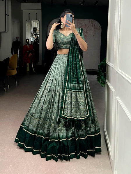 Lorenvalley Fashion Green Tasar Silk Kalamkari Print With Lace Border Lehenga Choli with Dupatta