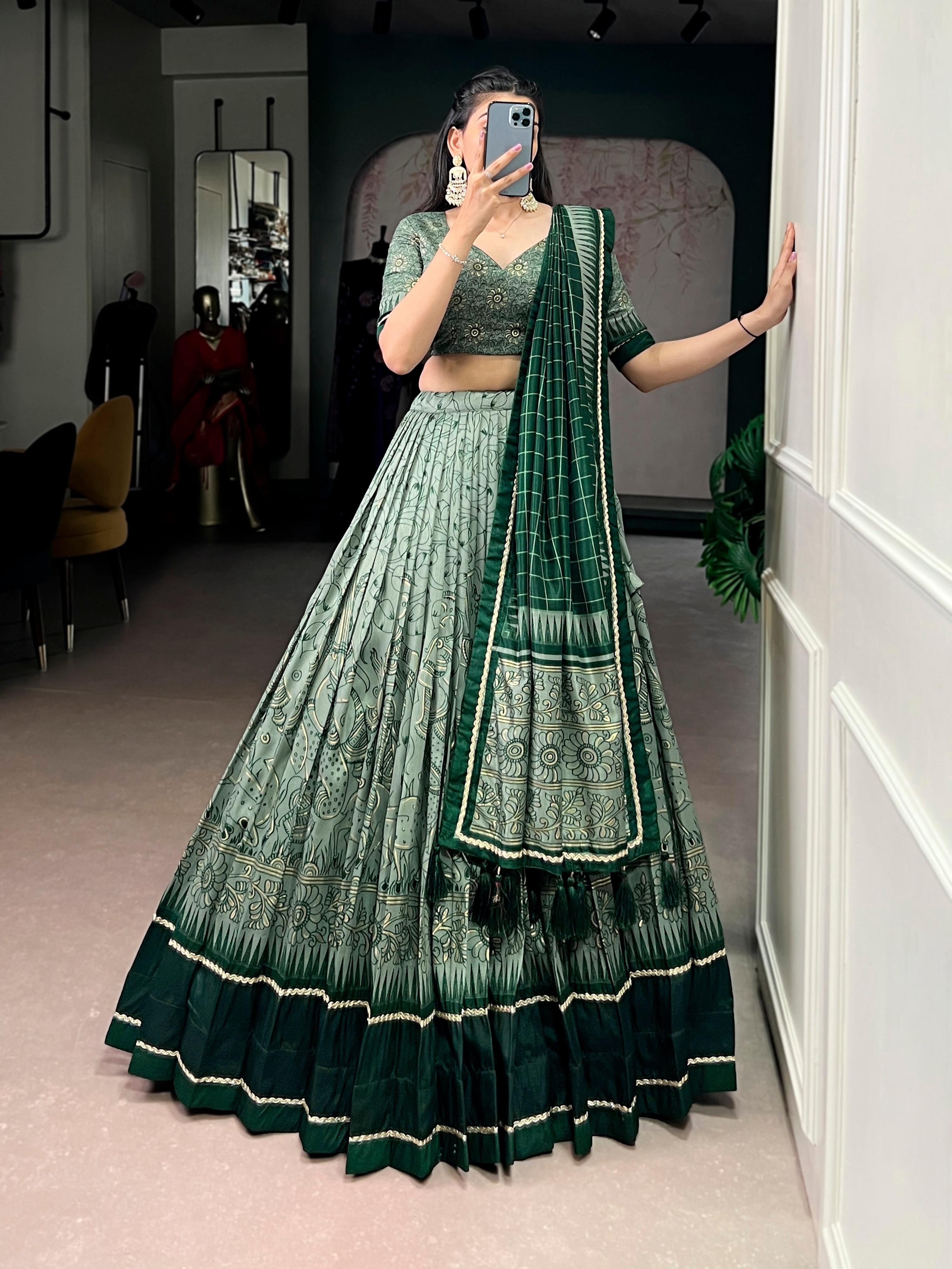 Lorenvalley Fashion Green Tasar Silk Kalamkari Print With Lace Border Lehenga Choli with Dupatta - Distacart