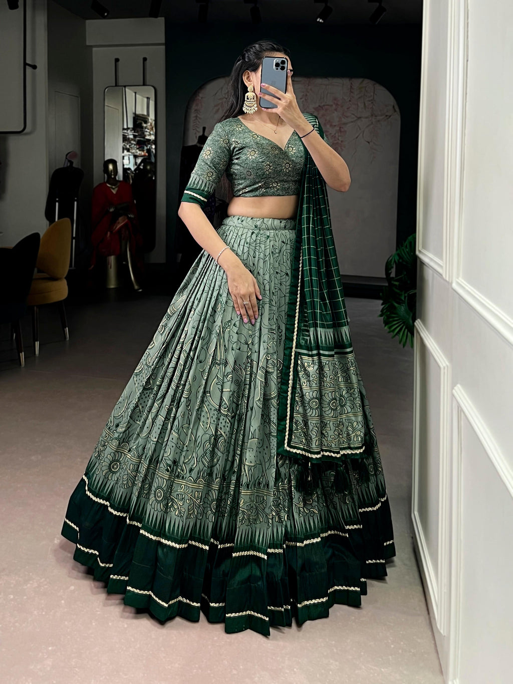 Lorenvalley Fashion Green Tasar Silk Kalamkari Print With Lace Border Lehenga Choli with Dupatta - Distacart