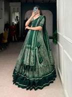 Lorenvalley Fashion Green Tasar Silk Kalamkari Print With Lace Border Lehenga Choli with Dupatta - Distacart