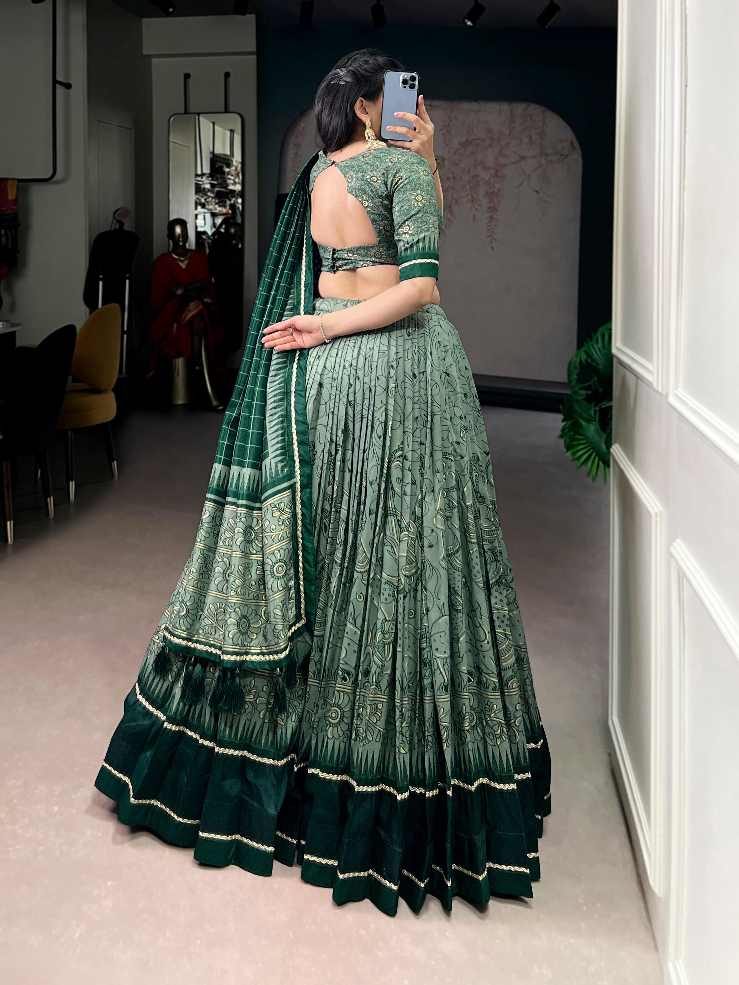 Lorenvalley Fashion Green Tasar Silk Kalamkari Print With Lace Border Lehenga Choli with Dupatta - Distacart