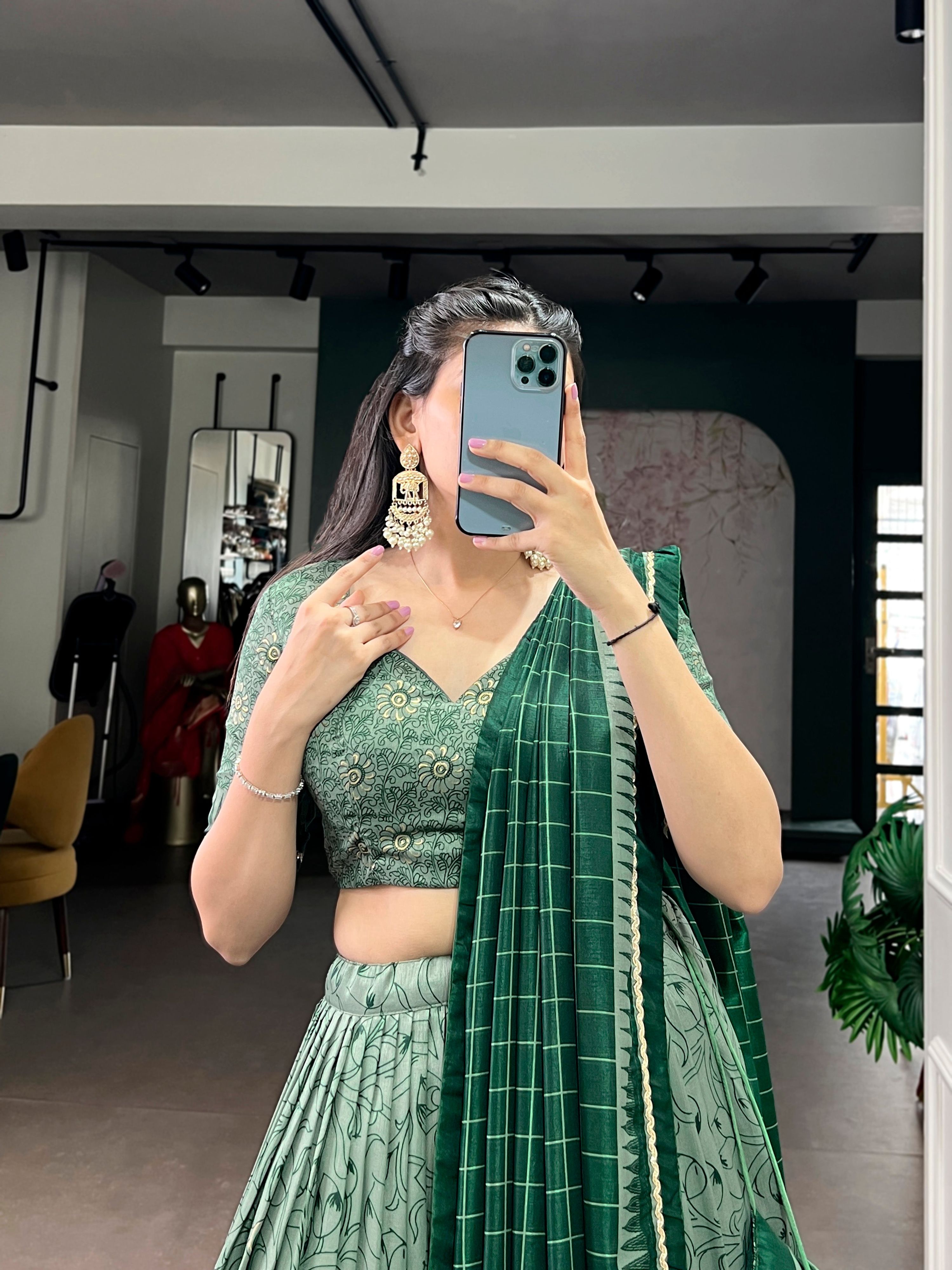 Lorenvalley Fashion Green Tasar Silk Kalamkari Print With Lace Border Lehenga Choli with Dupatta - Distacart