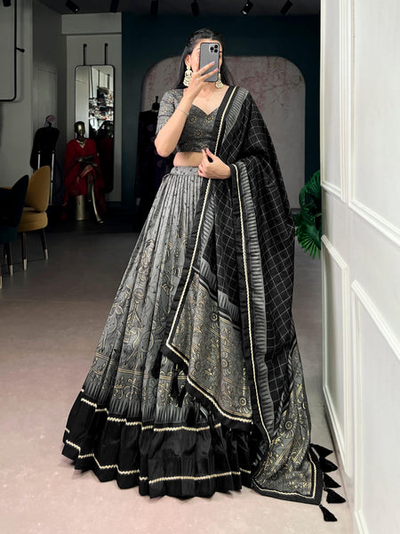 Lorenvalley Fashion Grey Tasar Silk Kalamkari Print With Lace Border Lehenga Choli with Dupatta