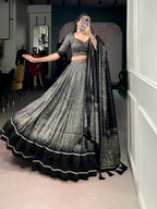 Lorenvalley Fashion Grey Tasar Silk Kalamkari Print With Lace Border Lehenga Choli with Dupatta - Distacart