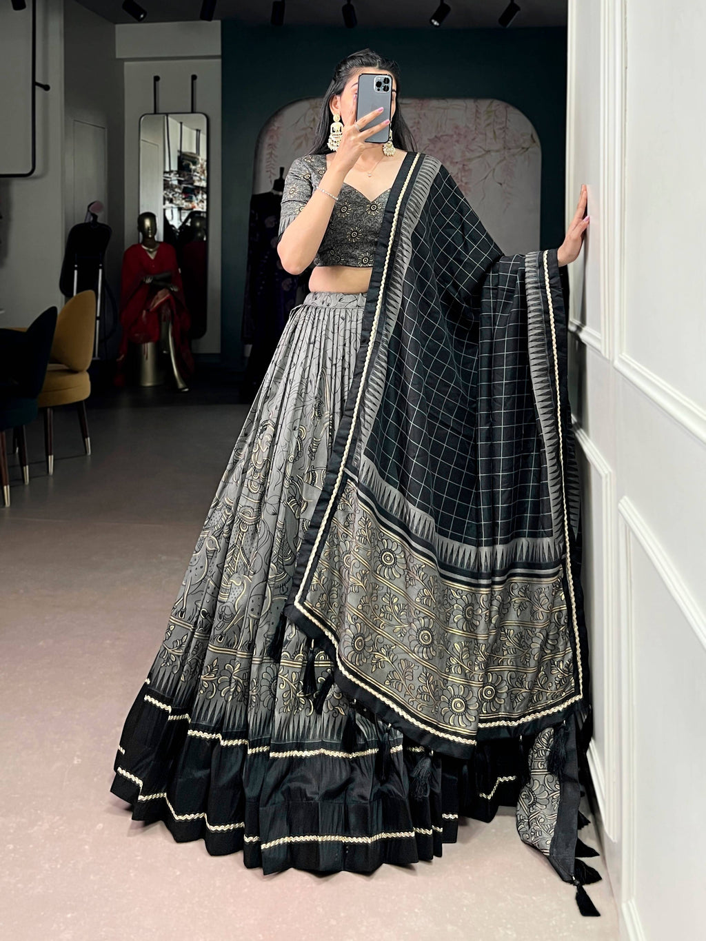 Lorenvalley Fashion Grey Tasar Silk Kalamkari Print With Lace Border Lehenga Choli with Dupatta - Distacart