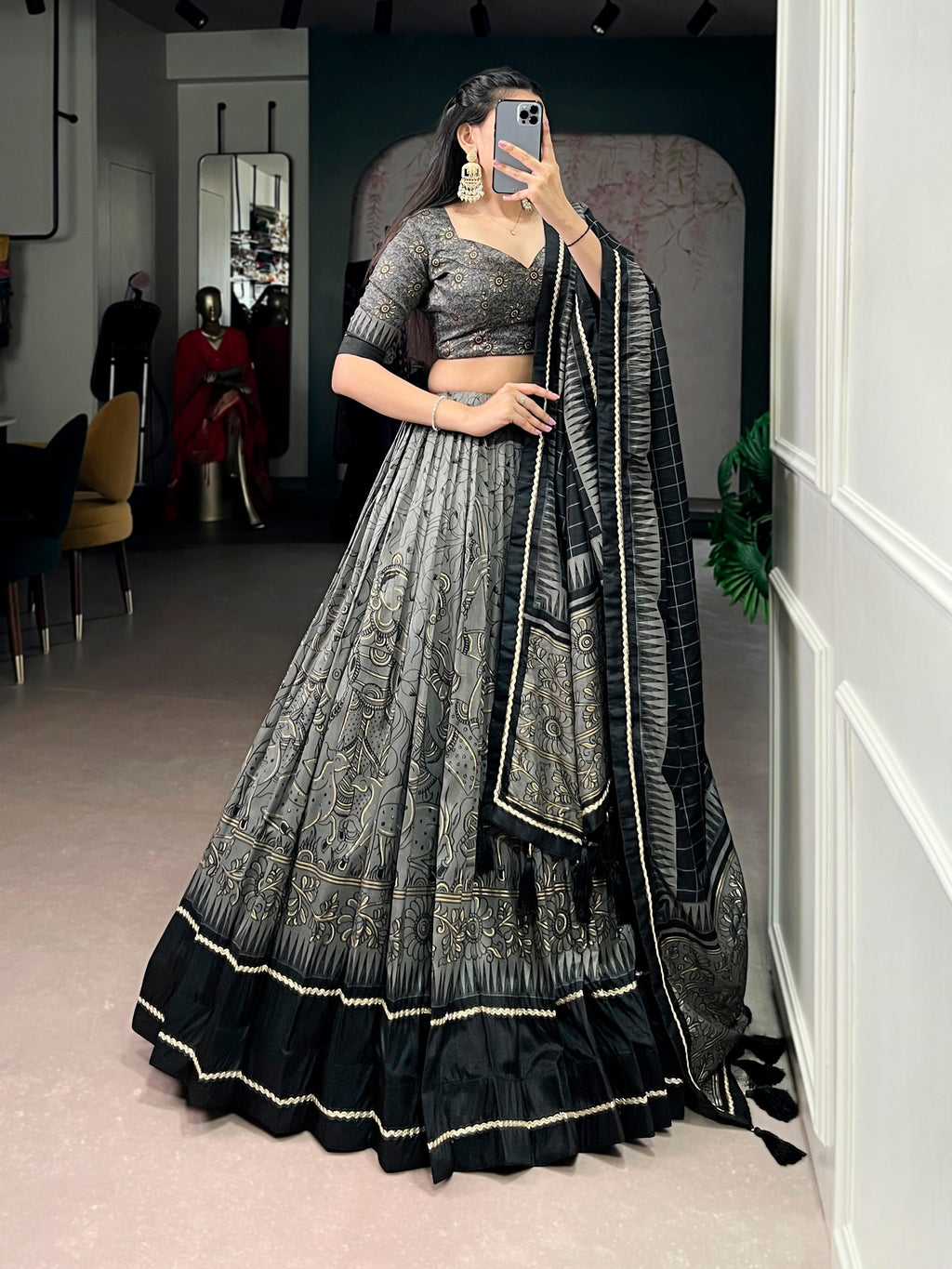 Lorenvalley Fashion Grey Tasar Silk Kalamkari Print With Lace Border Lehenga Choli with Dupatta - Distacart