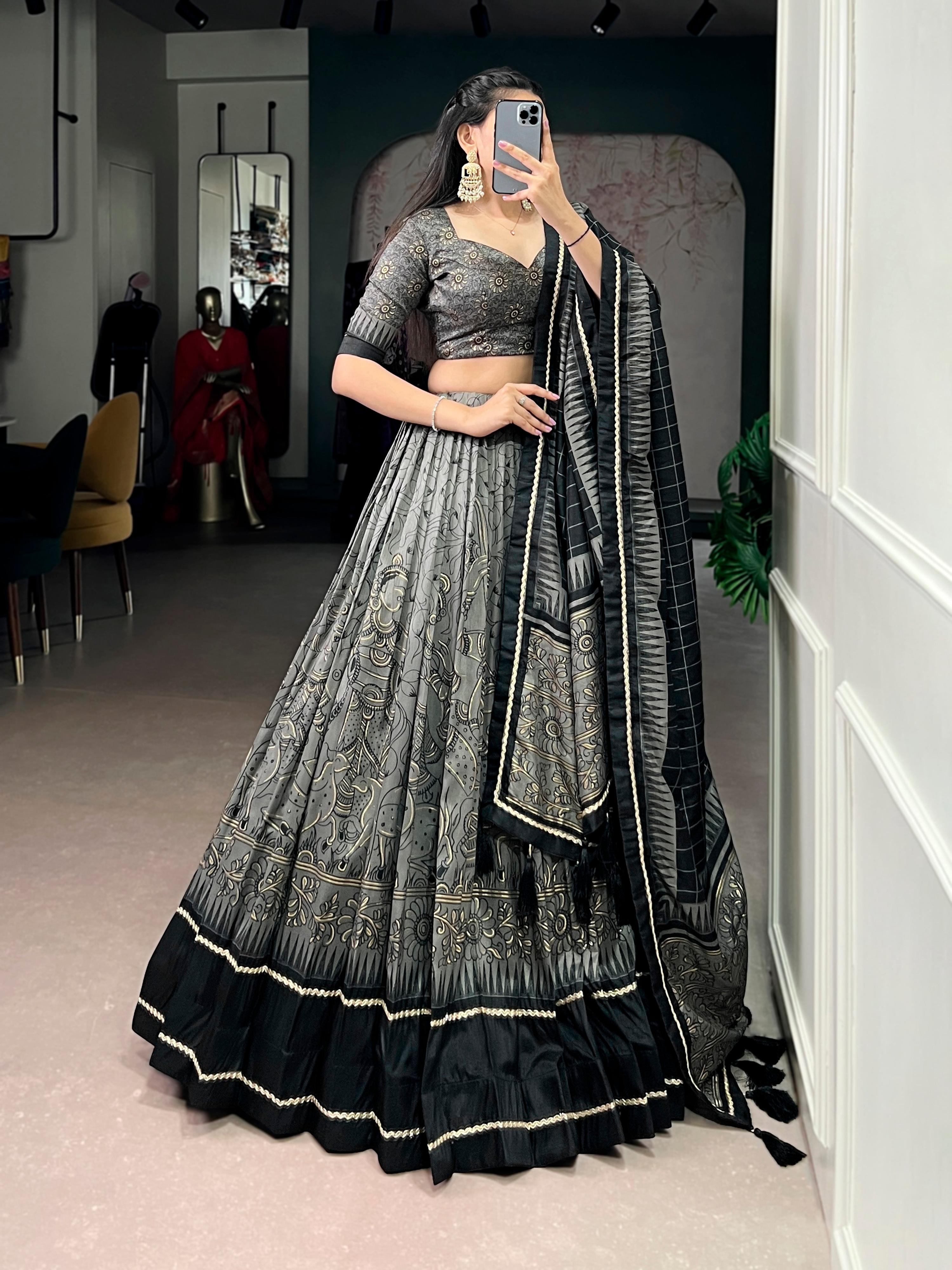 Lorenvalley Fashion Grey Tasar Silk Kalamkari Print With Lace Border Lehenga Choli with Dupatta - Distacart