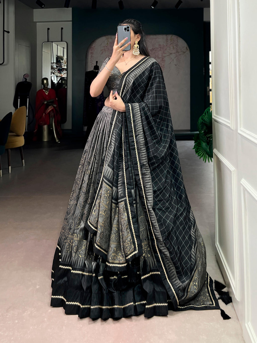 Lorenvalley Fashion Grey Tasar Silk Kalamkari Print With Lace Border Lehenga Choli with Dupatta - Distacart