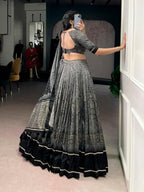 Lorenvalley Fashion Grey Tasar Silk Kalamkari Print With Lace Border Lehenga Choli with Dupatta - Distacart