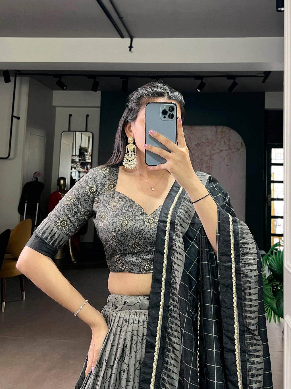 Lorenvalley Fashion Grey Tasar Silk Kalamkari Print With Lace Border Lehenga Choli with Dupatta - Distacart