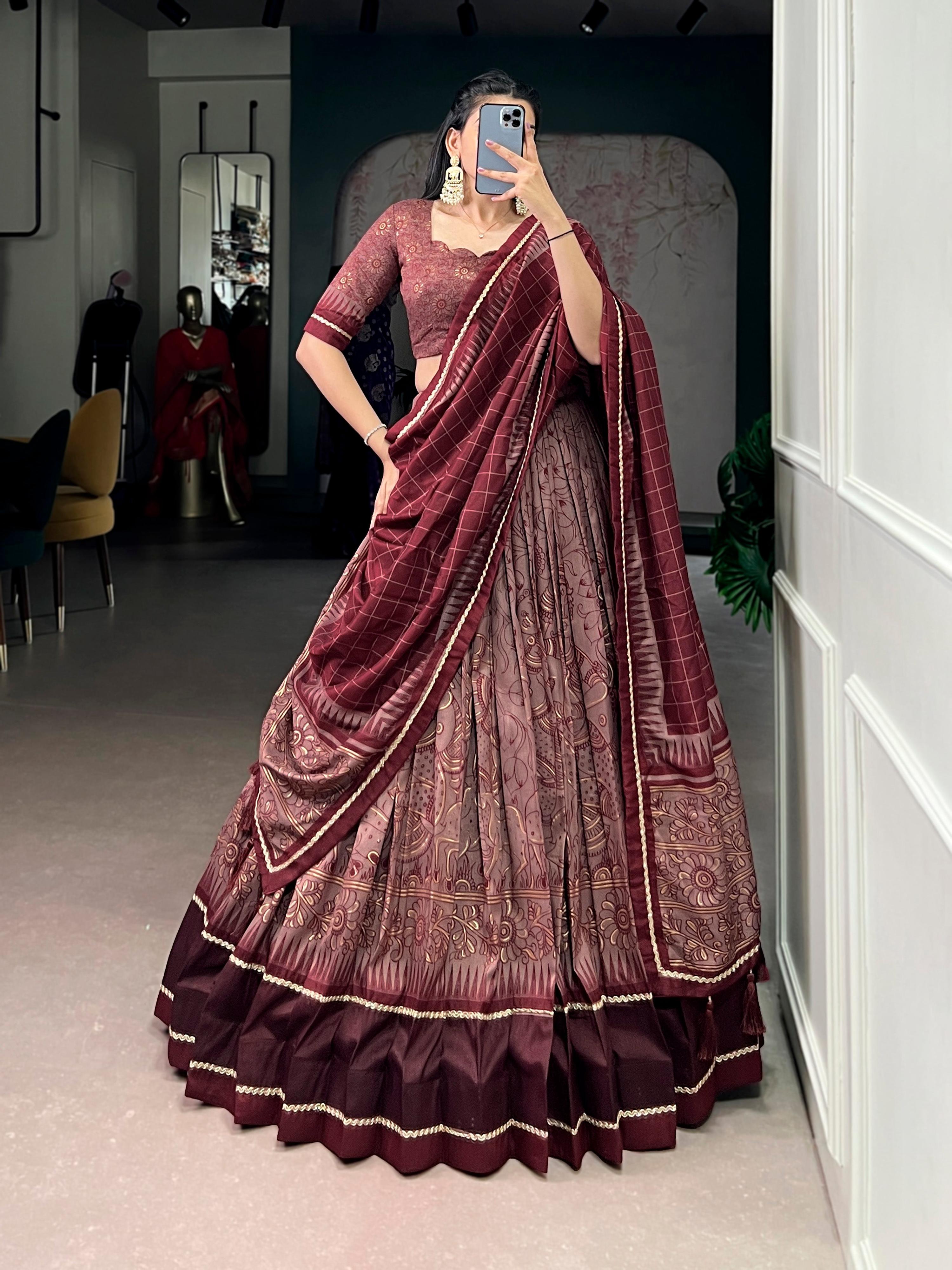 Lorenvalley Fashion Maroon Tasar Silk Kalamkari Print With Lace Border Lehenga Choli with Dupatta - Distacart