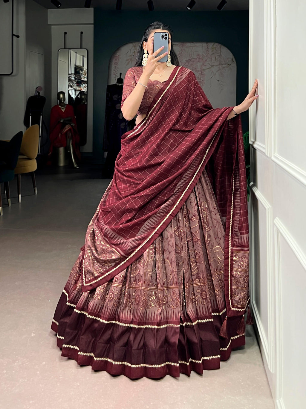 Lorenvalley Fashion Maroon Tasar Silk Kalamkari Print With Lace Border Lehenga Choli with Dupatta - Distacart