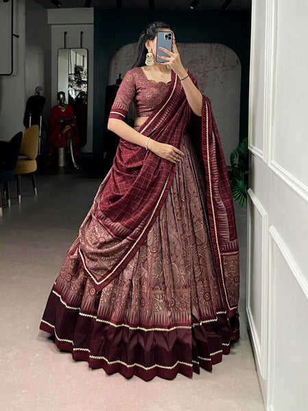 Lorenvalley Fashion Maroon Tasar Silk Kalamkari Print With Lace Border Lehenga Choli with Dupatta
