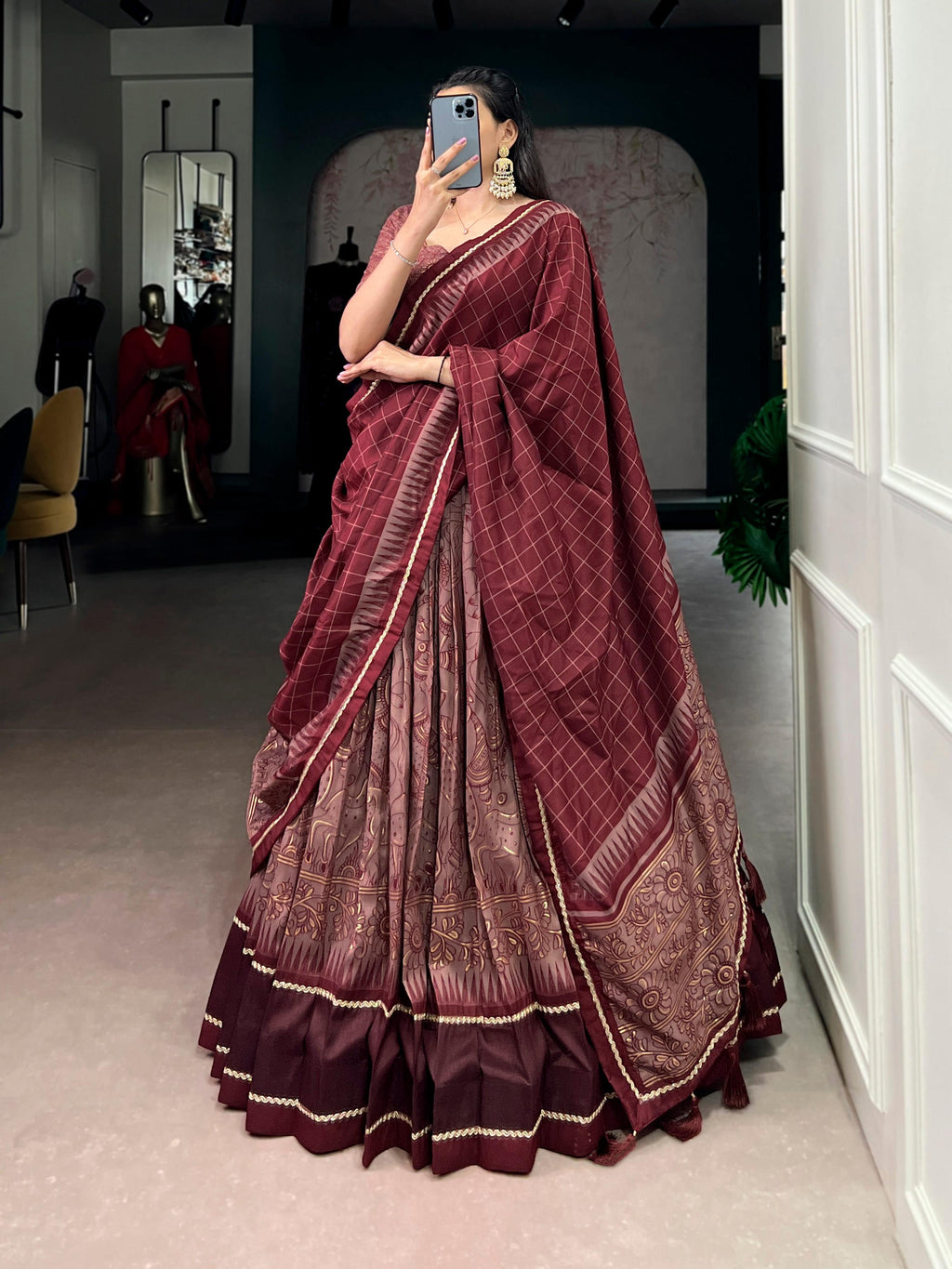 Lorenvalley Fashion Maroon Tasar Silk Kalamkari Print With Lace Border Lehenga Choli with Dupatta - Distacart